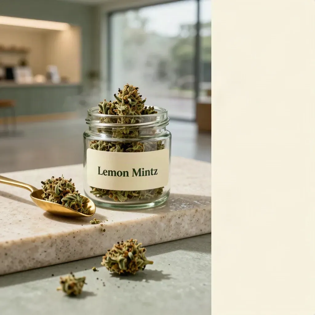 Glass jar of Lemon Mintz flower with brass scoop and spilled buds on a stone tray.