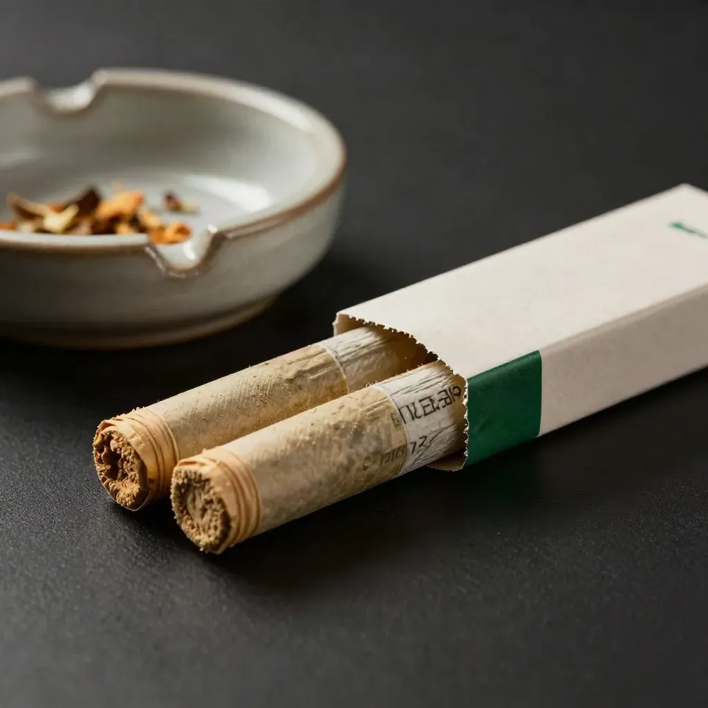 Pre-roll pack slipping from a paper sleeve beside a ceramic ash dish and dried petals.