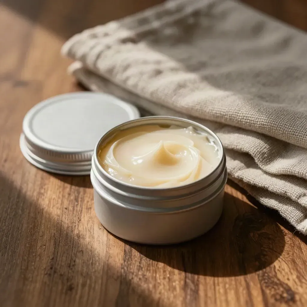 Macro balm tin with cream peak, closed jar, and folded linen on warm wood.