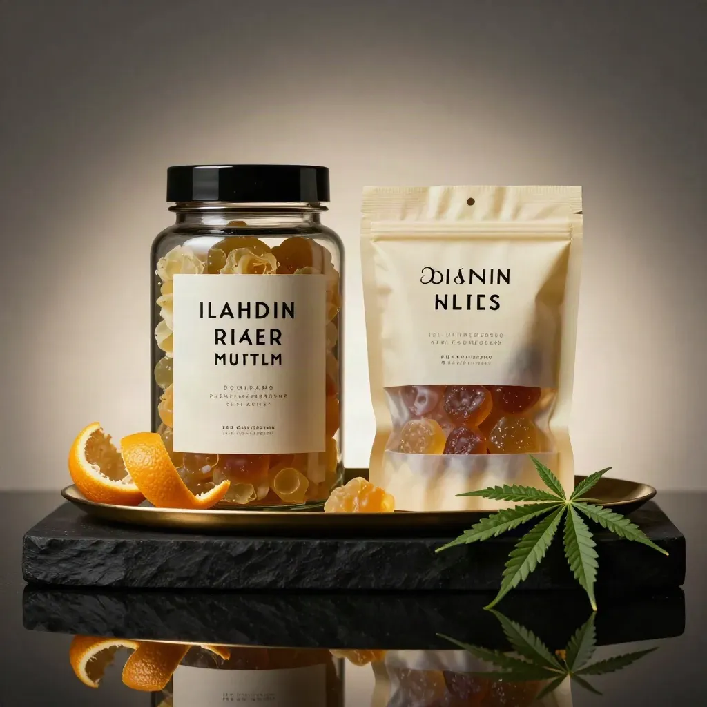 Flower jar and gummy pack with citrus rind and gold tray in a dark premium cannabis still life.