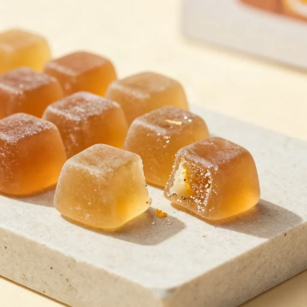 Macro of glossy Sunset Sherbet gummies with a half-eaten piece and citrus rind on brushed stone.