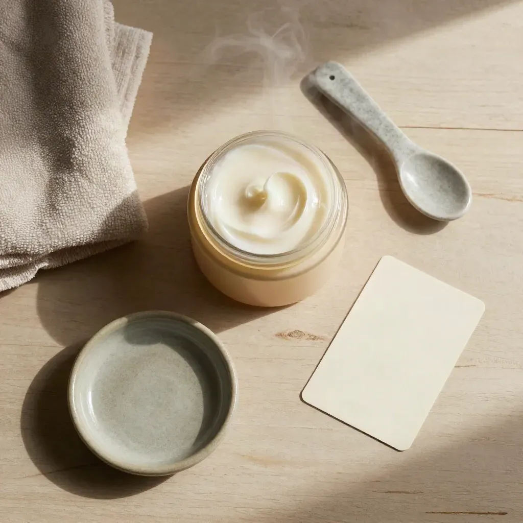 Open herbal relief topical jar with cloth, stone spoon, and salve streaks on pale wood.