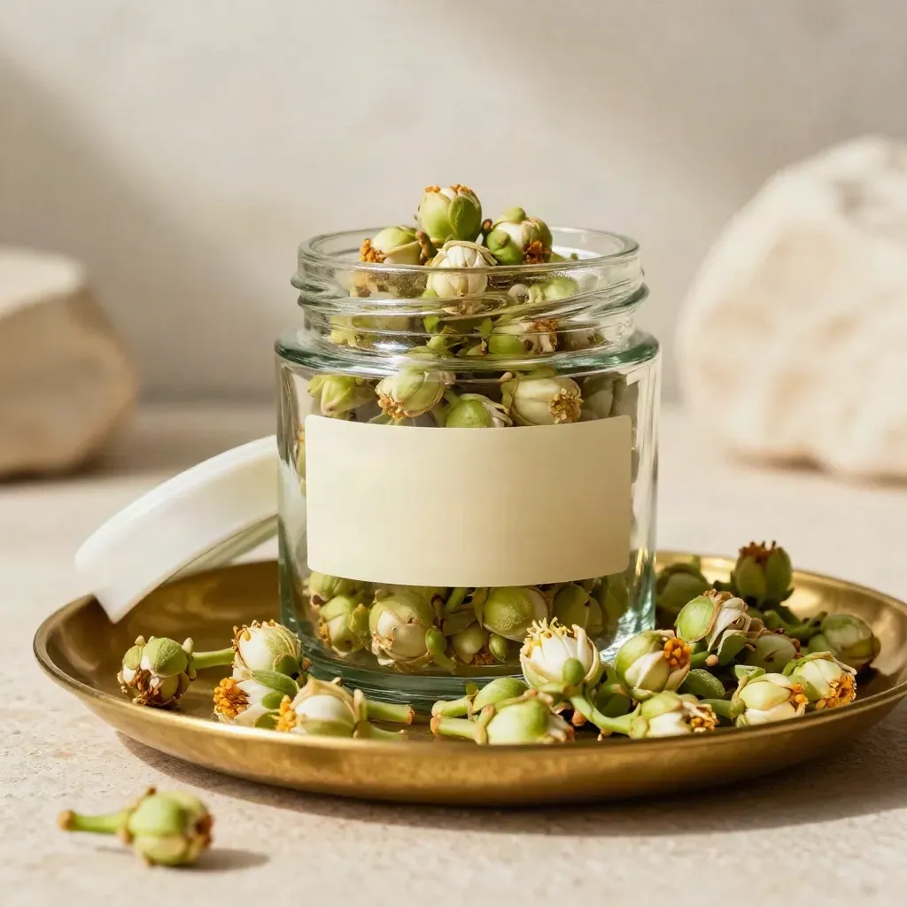 Open glass jar of cannabis flower with buds spilling onto a brass tray in soft studio light.