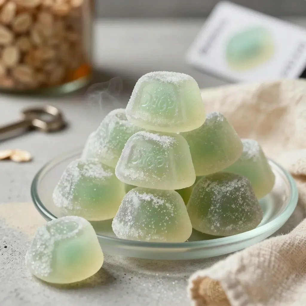Macro of mint gummies sliding on a frosted glass dish with cool linen and mist.